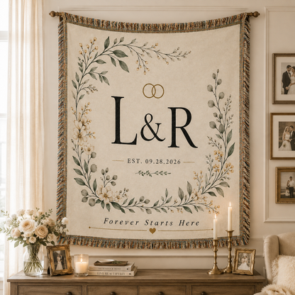 Personalized botanical monogram wedding woven blanket displayed as elegant wall decor
