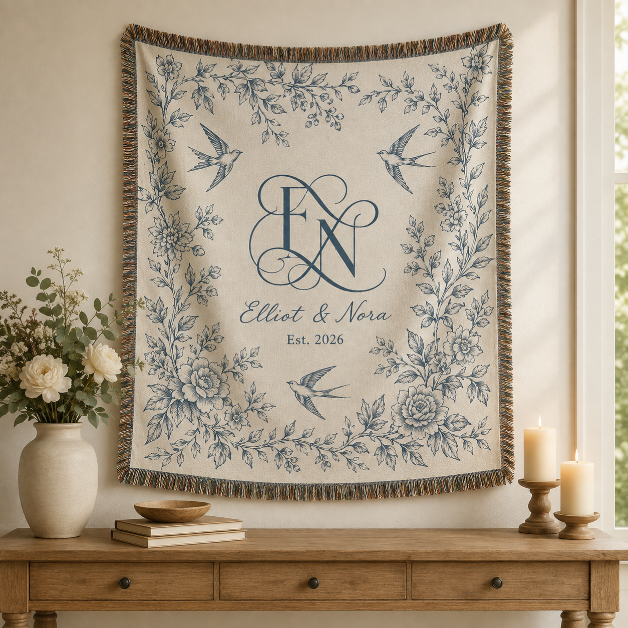 Personalized botanical monogram wedding woven blanket displayed as elegant wall decor