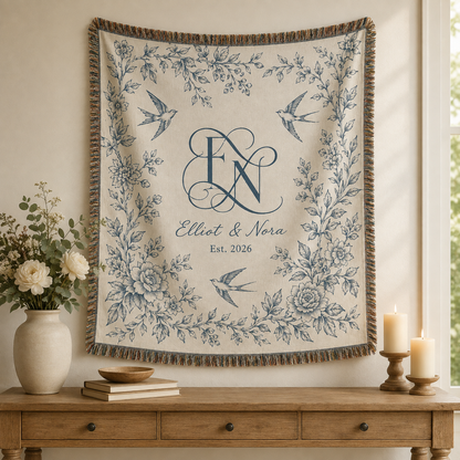 Personalized botanical monogram wedding woven blanket displayed as elegant wall decor