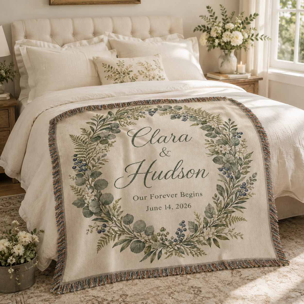 Personalized botanical wedding woven blanket styled across a romantic bedroom bed