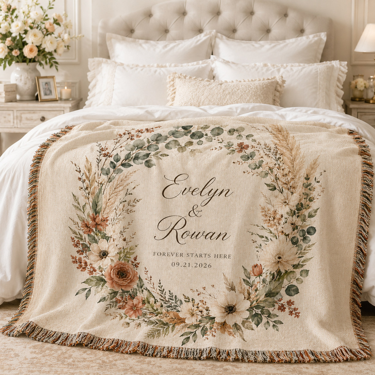 Personalized botanical wedding woven blanket styled across a romantic bedroom bed