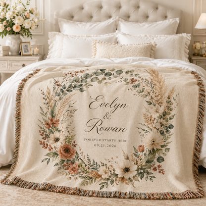 Personalized botanical wedding woven blanket styled across a romantic bedroom bed
