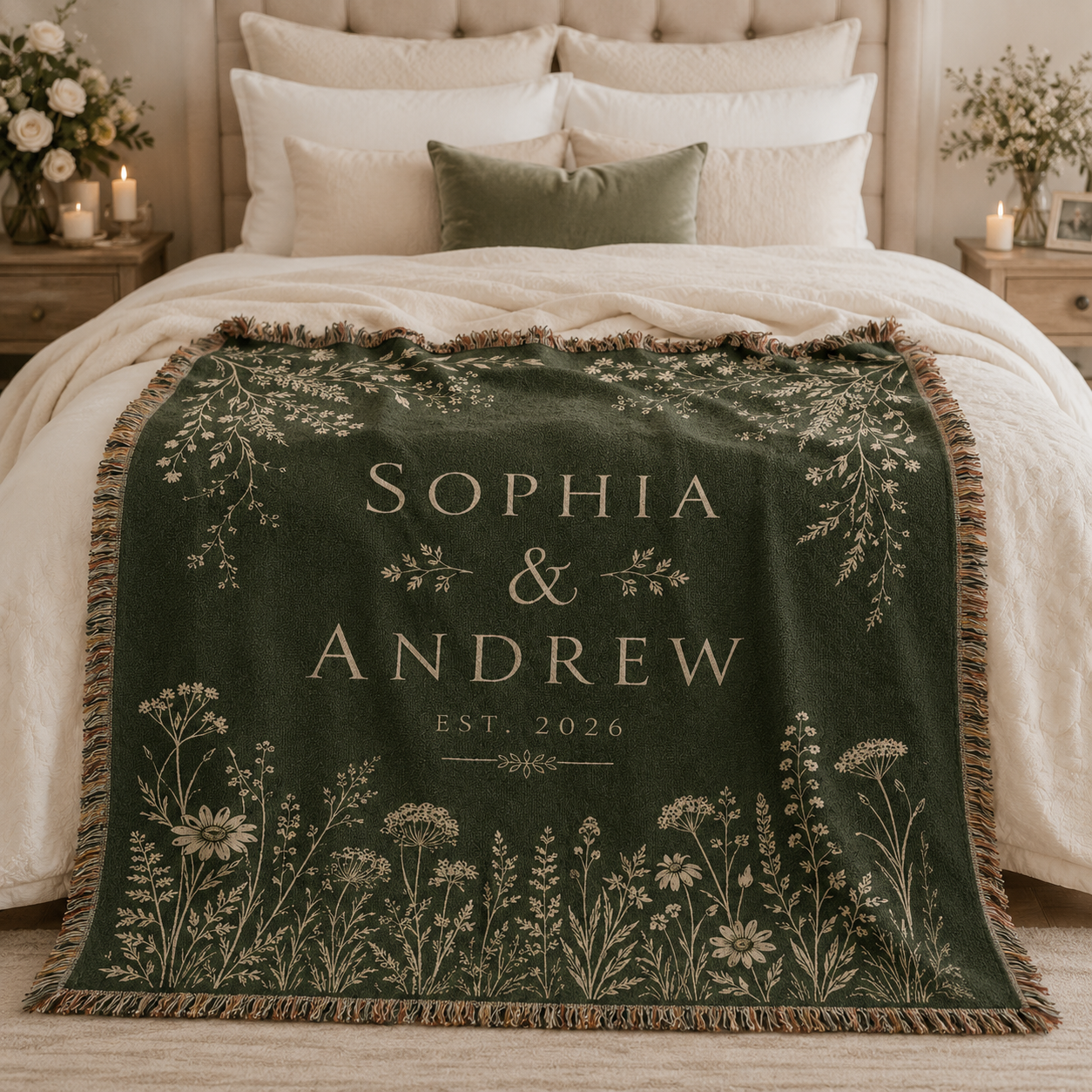 Personalized botanical wedding woven blanket styled across a romantic bedroom bed