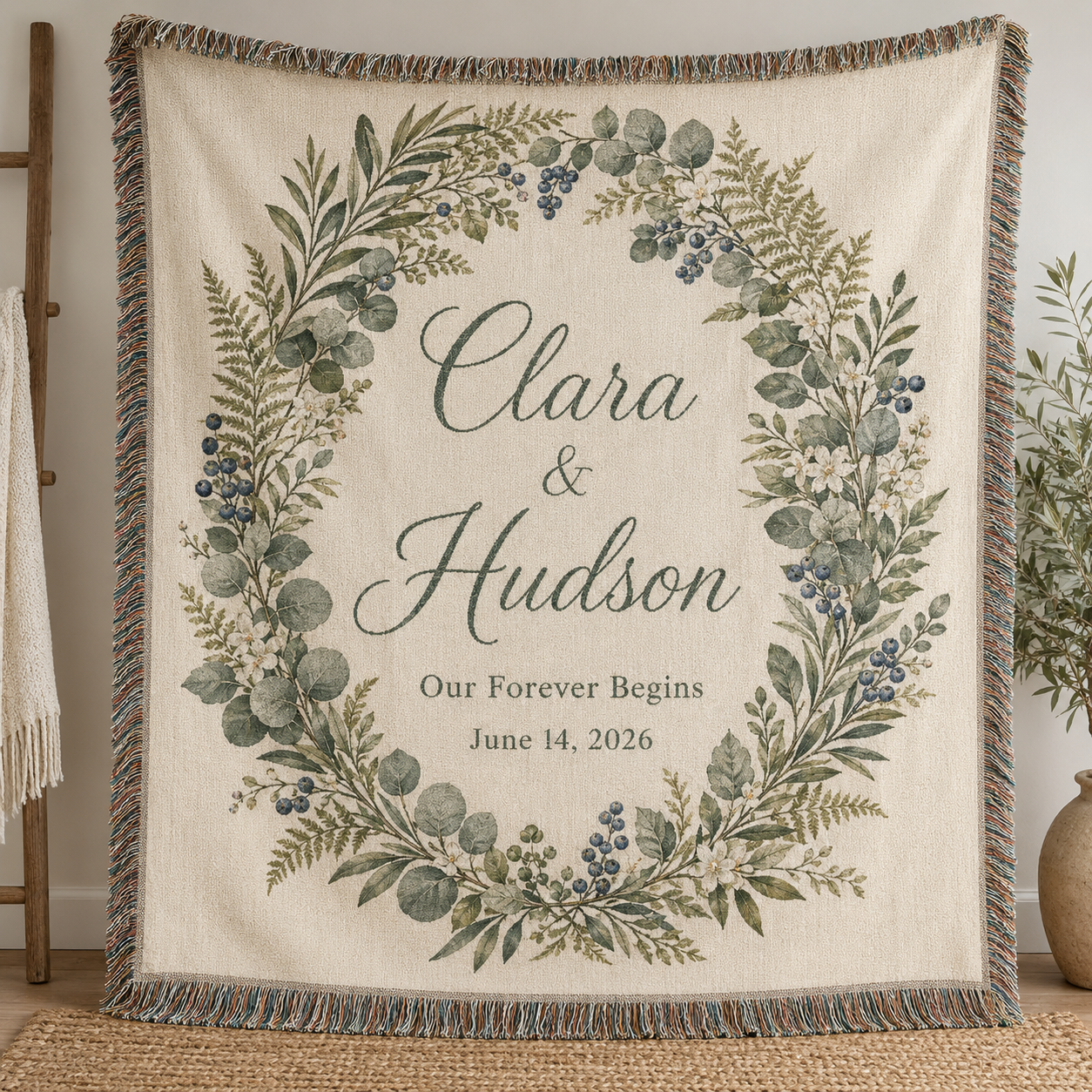 Personalized botanical wedding woven blanket with Clara and Hudson names and wedding date