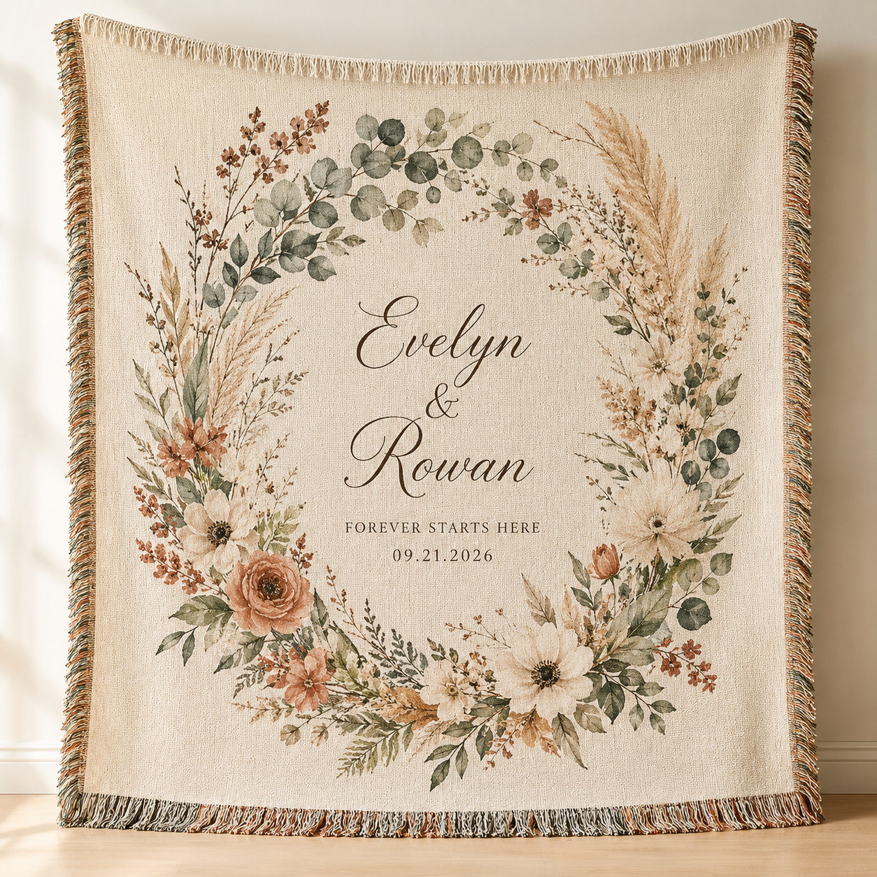 Personalized botanical wedding woven blanket with custom couple names and date floral wreath design