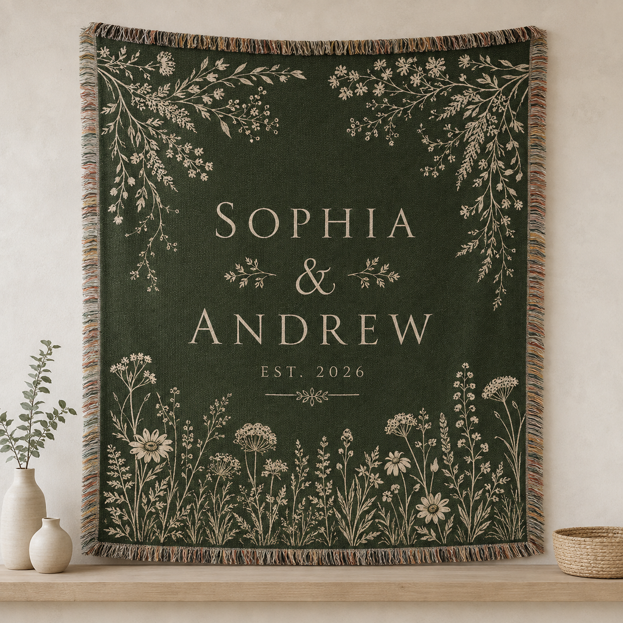 Personalized forest green botanical wedding woven blanket with custom couple names and established year