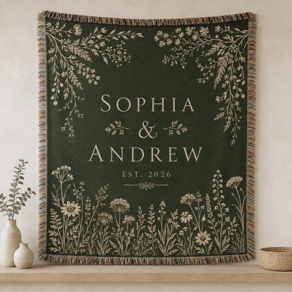 Personalized forest green botanical wedding woven blanket with custom couple names and established year
