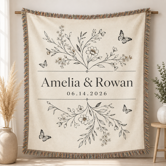 Personalized botanical wedding woven blanket with custom couple names date butterflies and floral line art