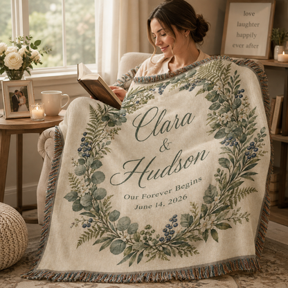 Woman reading with personalized botanical wedding woven blanket in a cozy reading nook