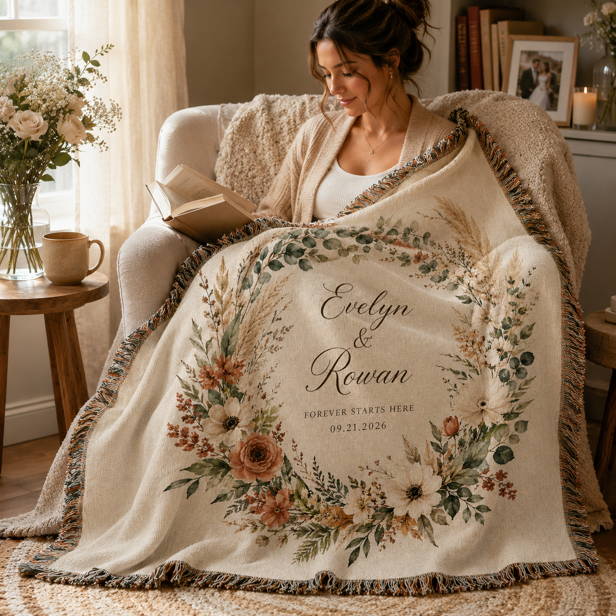 Personalized botanical wedding woven blanket used in a cozy reading nook