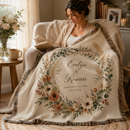 Personalized botanical wedding woven blanket used in a cozy reading nook