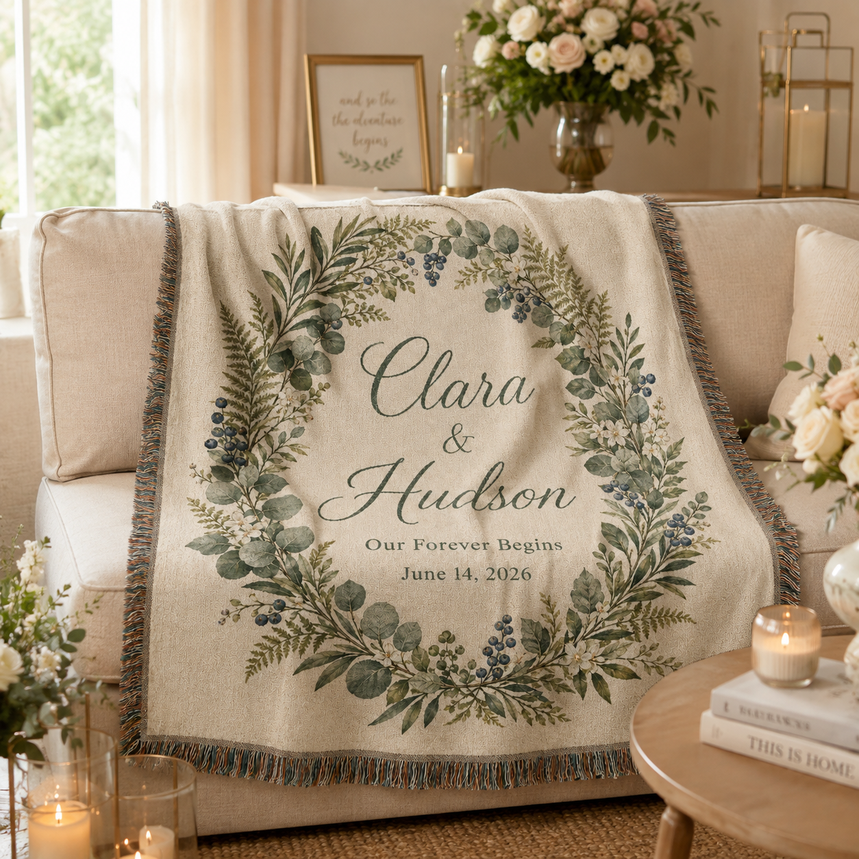 Personalized botanical wedding woven blanket softly draped over a neutral sofa