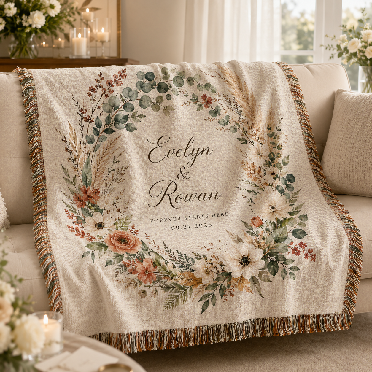 Personalized botanical wedding woven blanket softly draped on a neutral sofa