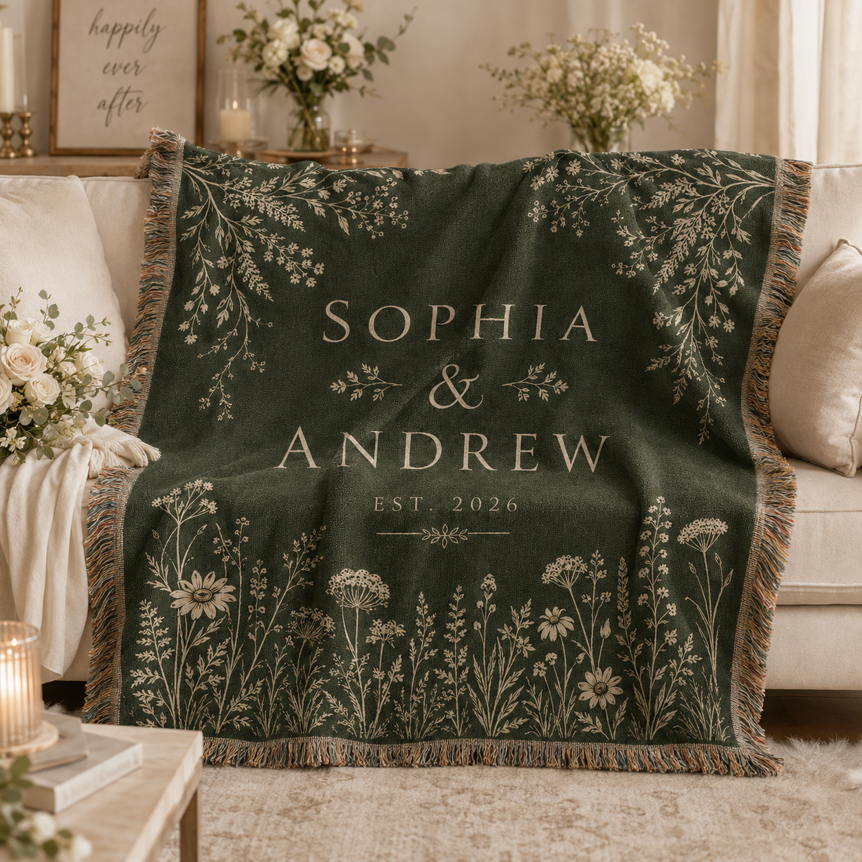Personalized forest green botanical wedding woven blanket softly draped on a neutral sofa