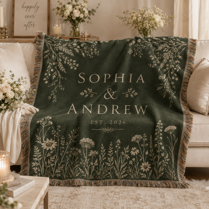 Personalized forest green botanical wedding woven blanket softly draped on a neutral sofa