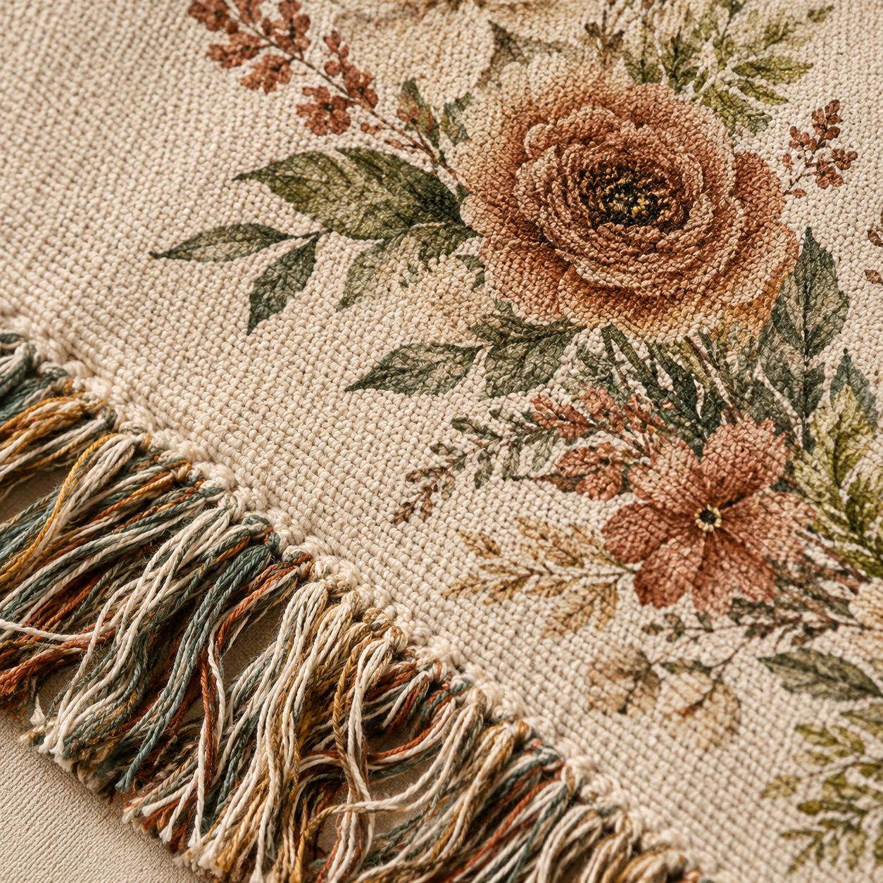 Macro detail of woven texture and multicolor fringe on botanical wedding blanket