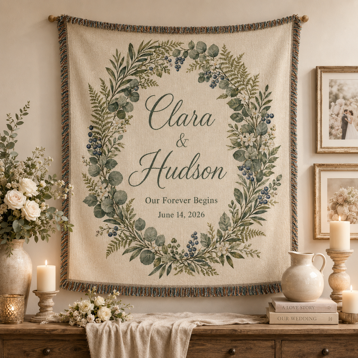 Personalized botanical wedding woven blanket displayed as elegant wall decor