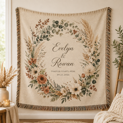 Personalized botanical wedding woven blanket displayed as romantic wall decor
