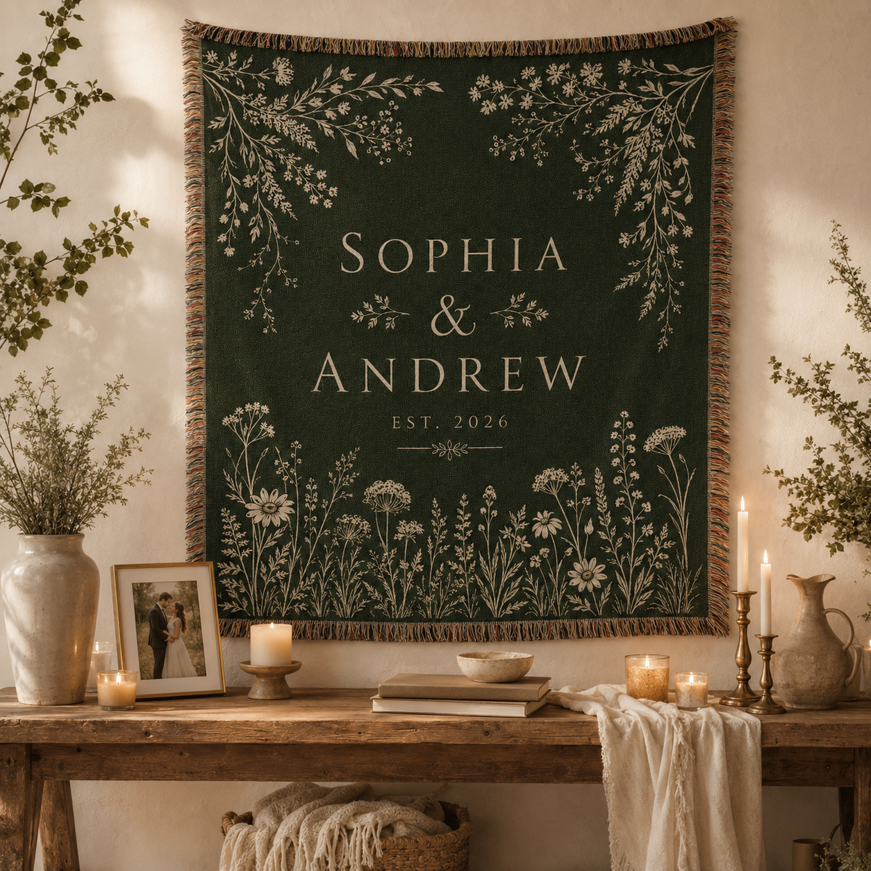 Personalized forest green botanical wedding woven blanket displayed as elegant wall decor