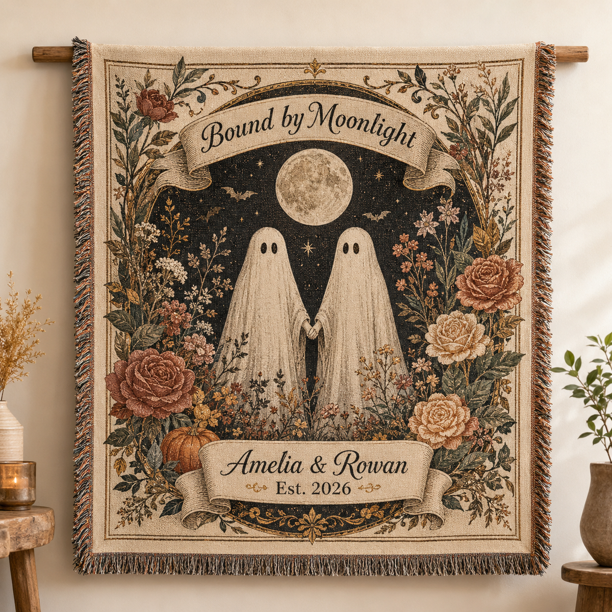 Personalized Bound by Moonlight ghost couple Halloween woven blanket with custom names and year