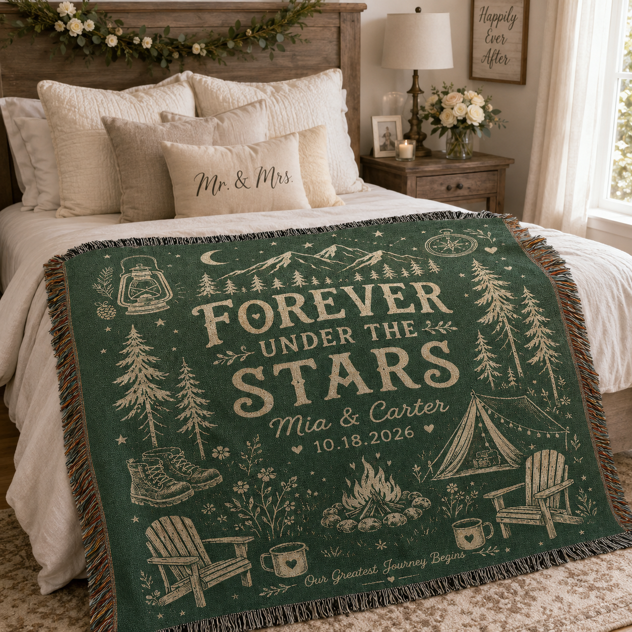 Personalized camping wedding woven blanket styled across a romantic bedroom bed