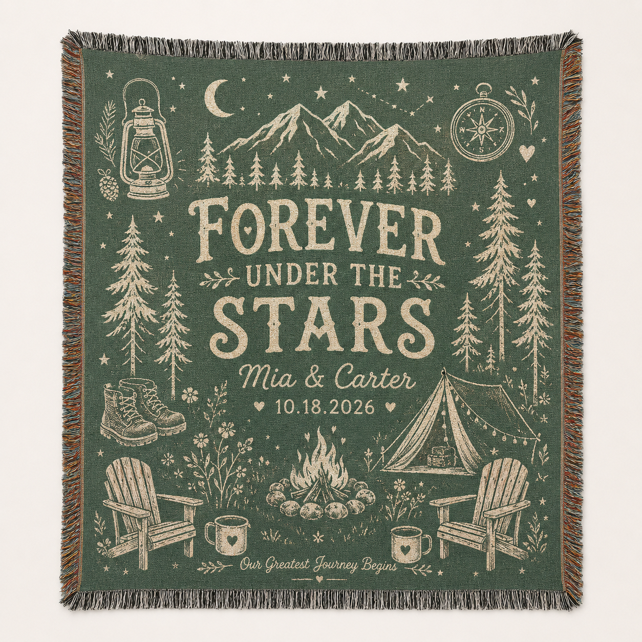 Personalized camping wedding woven blanket Forever Under the Stars with couple names and date