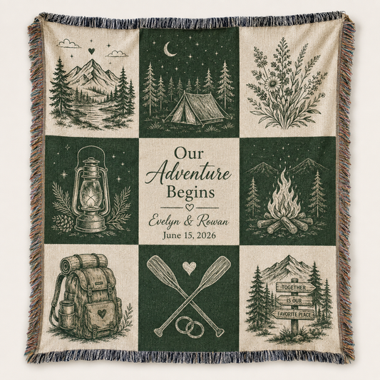 Personalized camping wedding woven blanket with custom couple names and date