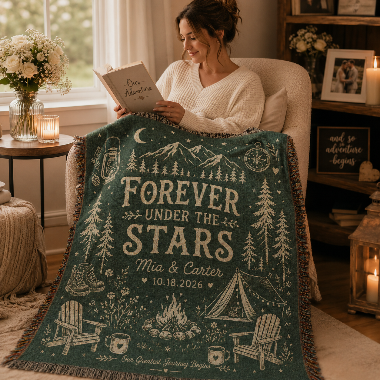 Personalized camping wedding woven blanket used in a cozy reading nook