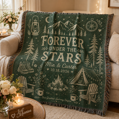 Personalized camping wedding woven blanket softly draped on a neutral sofa