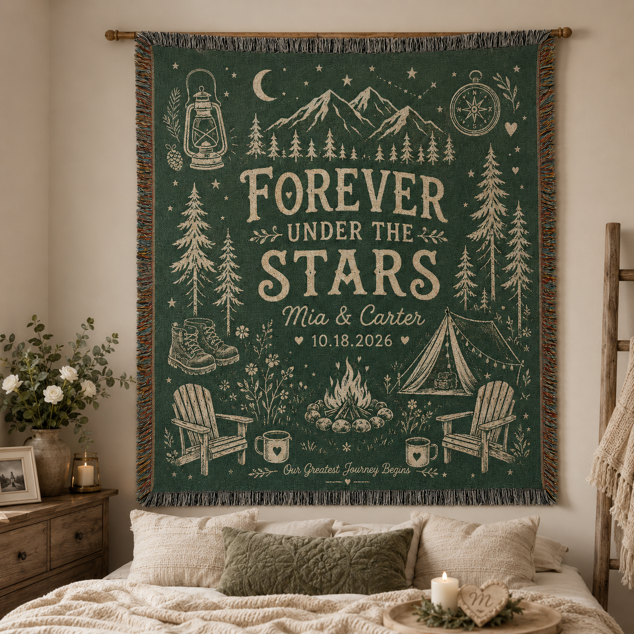 Personalized camping wedding woven blanket displayed as rustic wall decor