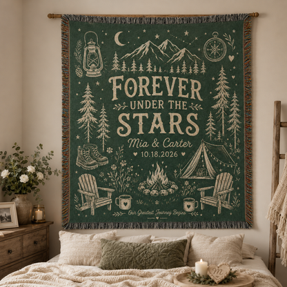 Personalized camping wedding woven blanket displayed as rustic wall decor