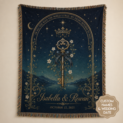 Personalized celestial key wedding woven blanket with custom couple names and wedding date