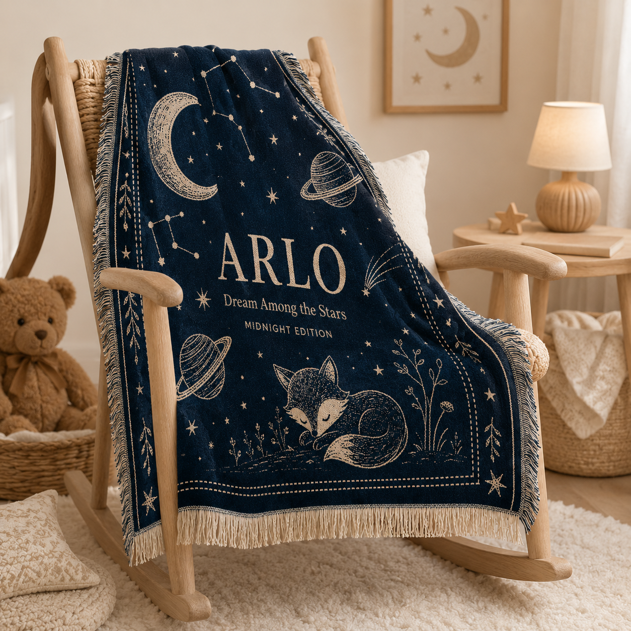 Personalized celestial nursery woven blanket draped over a wooden rocking chair