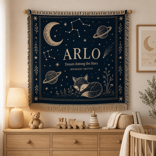 Personalized celestial nursery woven blanket displayed as wall decor above a wooden dresser