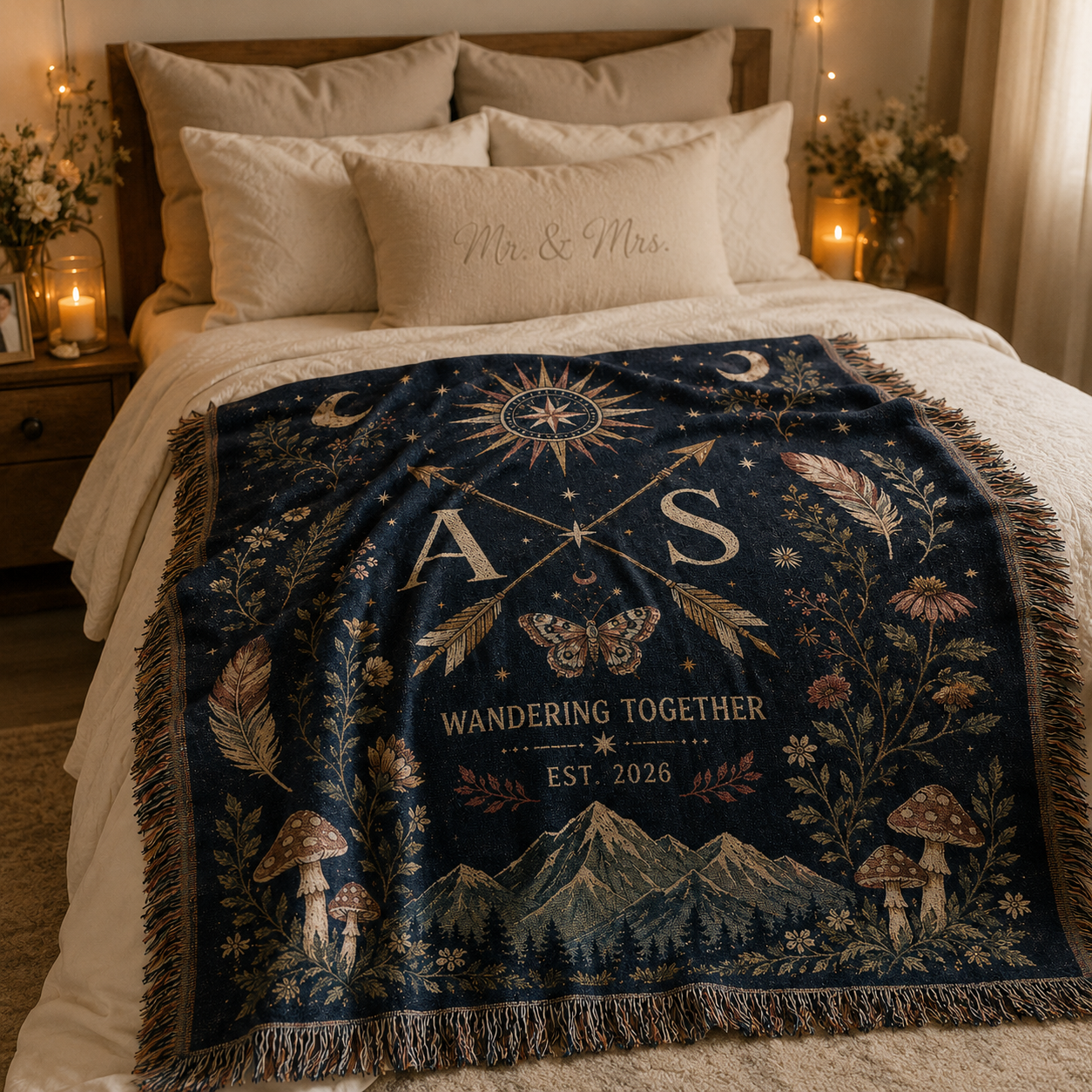 Personalized celestial wedding woven blanket styled across a romantic bedroom bed