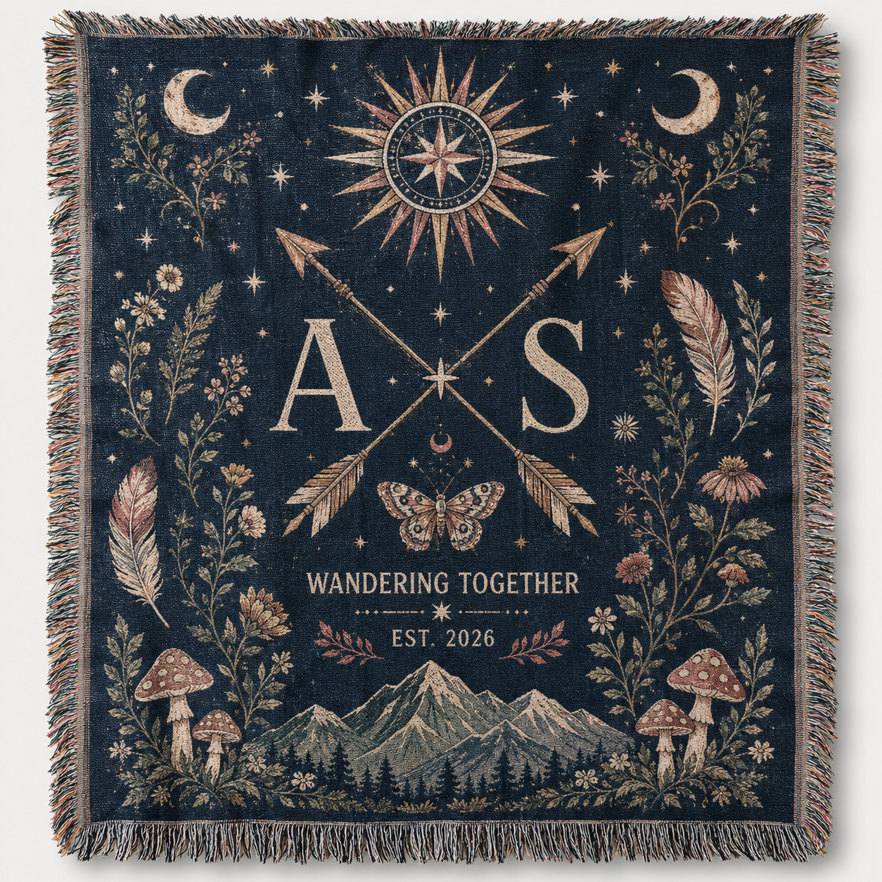Personalized celestial wedding woven blanket with initials, moons, stars and mountain artwork