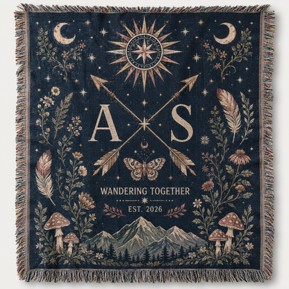 Personalized celestial wedding woven blanket with initials, moons, stars and mountain artwork