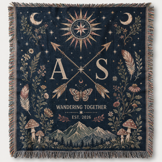 Personalized celestial wedding woven blanket with initials, moons, stars and mountain artwork