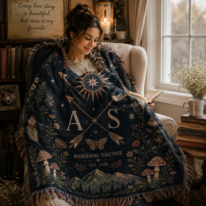 Personalized celestial wedding woven blanket used in a cozy reading nook