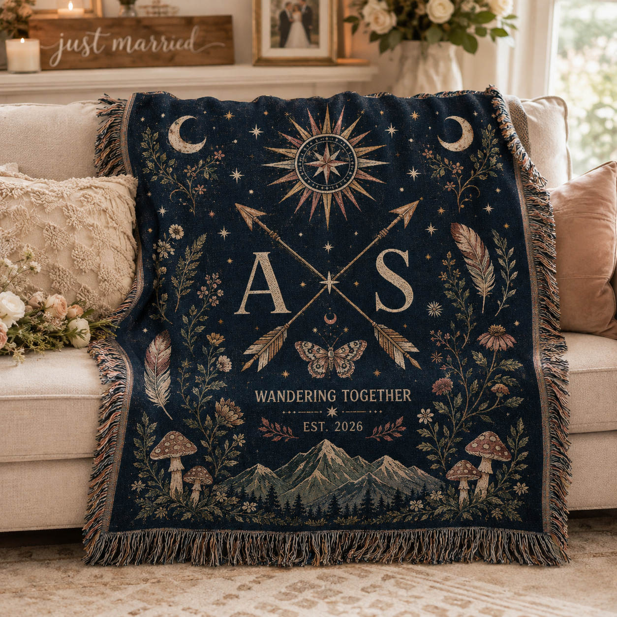 Personalized celestial wedding woven blanket softly draped on a neutral sofa