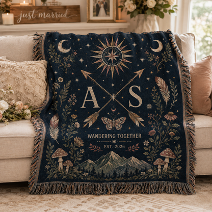 Personalized celestial wedding woven blanket softly draped on a neutral sofa