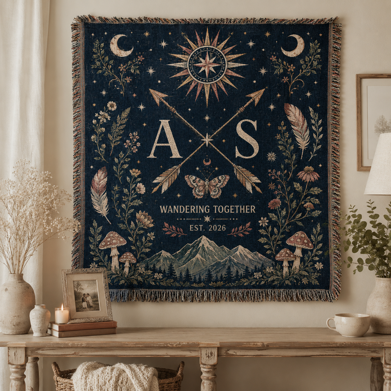 Personalized celestial wedding woven blanket displayed as romantic textile wall decor