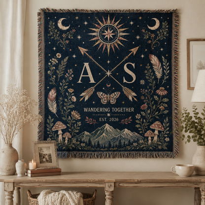 Personalized celestial wedding woven blanket displayed as romantic textile wall decor