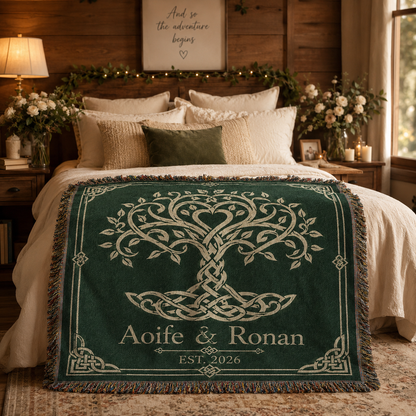 Celtic Tree of Life personalized wedding woven blanket styled across a romantic bedroom bed
