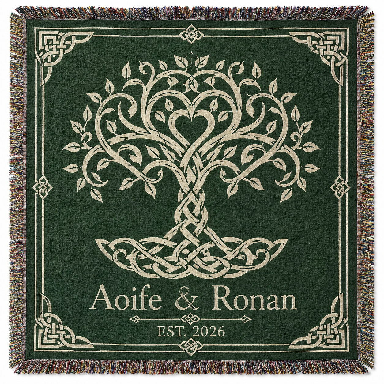 Personalized Celtic Tree of Life wedding woven blanket with custom couple names and established year