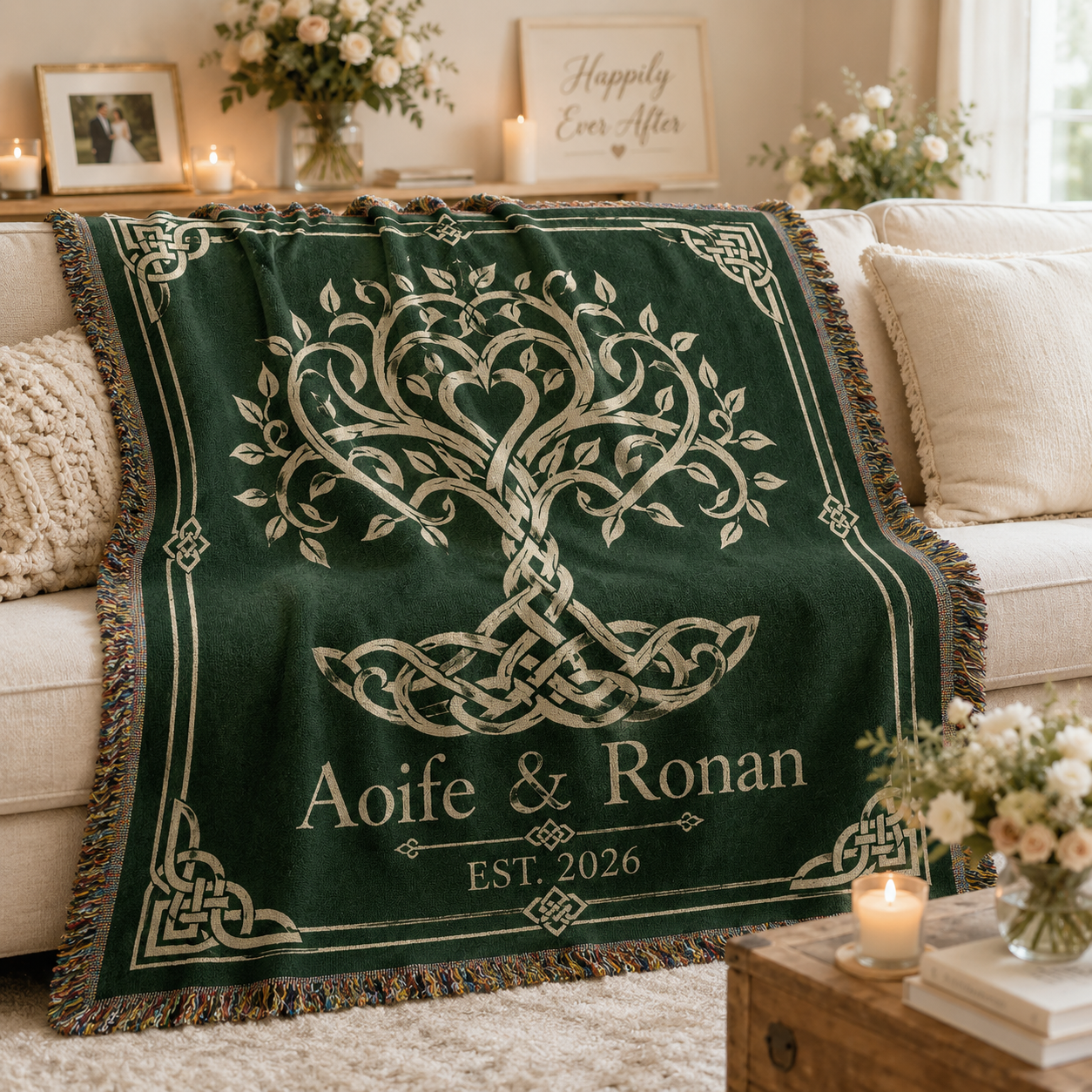 Celtic Tree of Life personalized wedding woven blanket softly draped on a neutral sofa