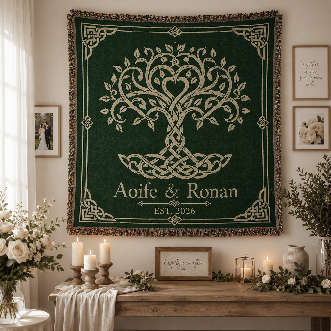 Celtic Tree of Life personalized wedding woven blanket displayed as romantic wall decor