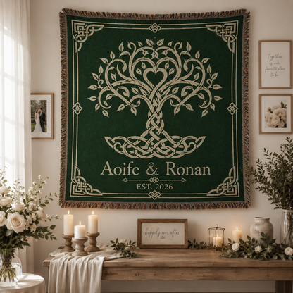 Celtic Tree of Life personalized wedding woven blanket displayed as romantic wall decor