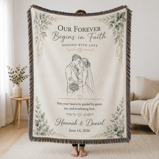Personalized Christian wedding woven blanket with couple names, date, botanical greenery and bride groom illustration