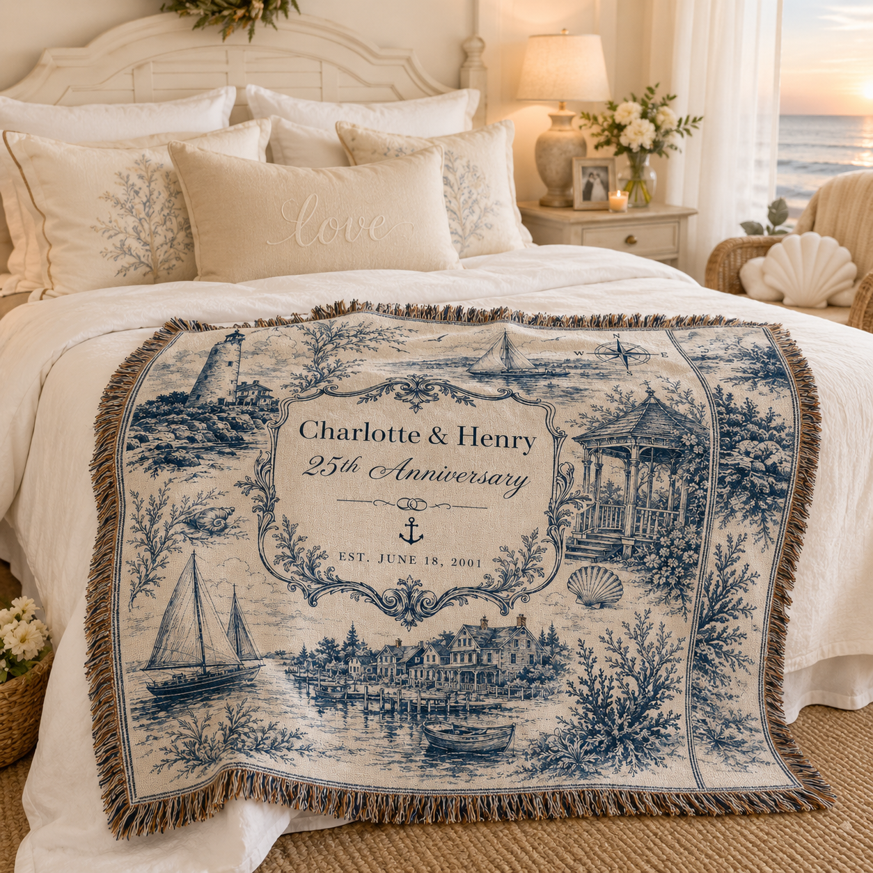 Personalized coastal anniversary woven blanket styled across a romantic coastal bedroom bed